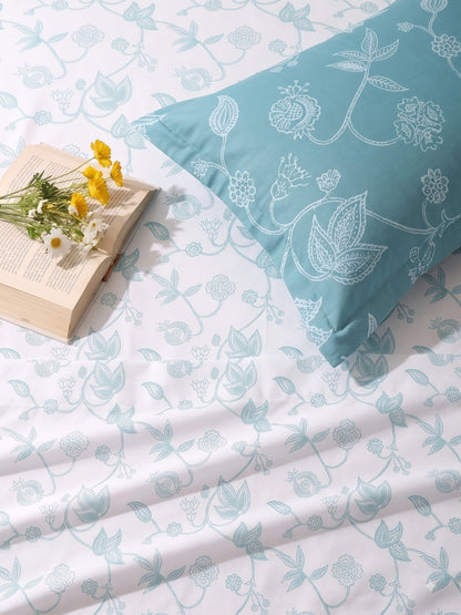 Premium 100% Cotton Satin King Size Bedsheet – 210 TC, 108 x 108 Inch| White & Blue