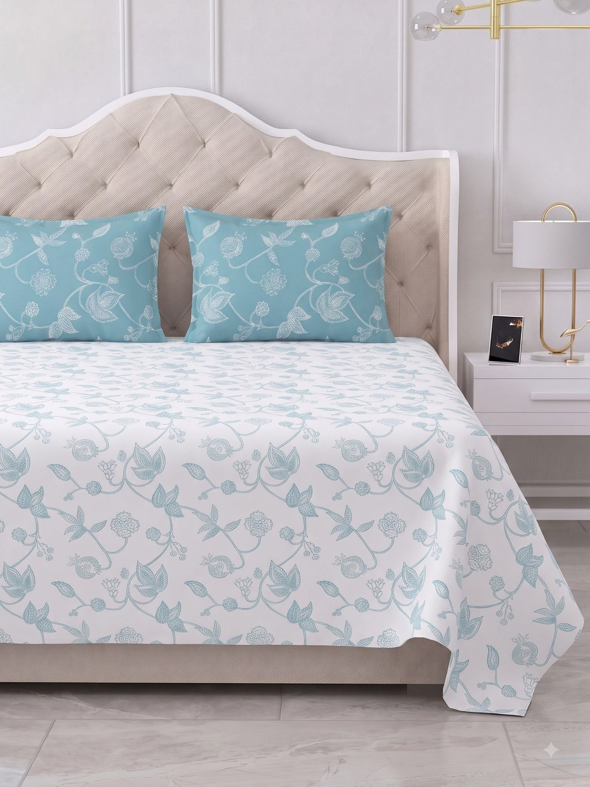 Premium 100% Cotton Satin King Size Bedsheet – 210 TC, 108 x 108 Inch| White & Blue
