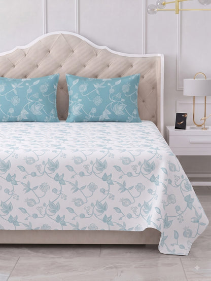 Premium 100% Cotton Satin King Size Bedsheet – 210 TC, 108 x 108 Inch| White & Blue