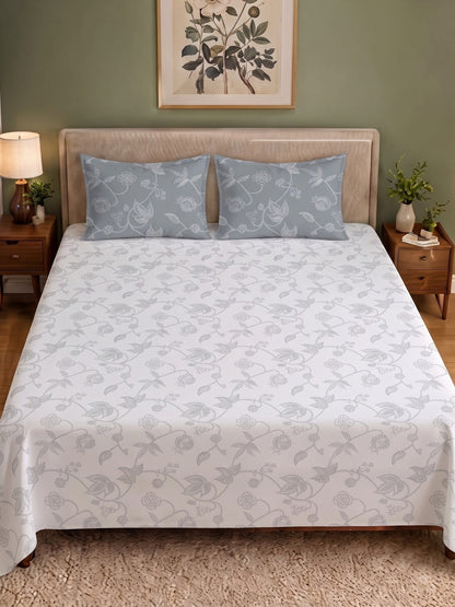 Premium 100% Cotton Satin King Size Bedsheet – 210 TC, 108 x 108 Inch| White & Iron grey