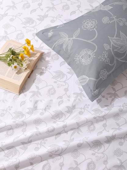 Premium 100% Cotton Satin King Size Bedsheet – 210 TC, 108 x 108 Inch| White & Iron grey