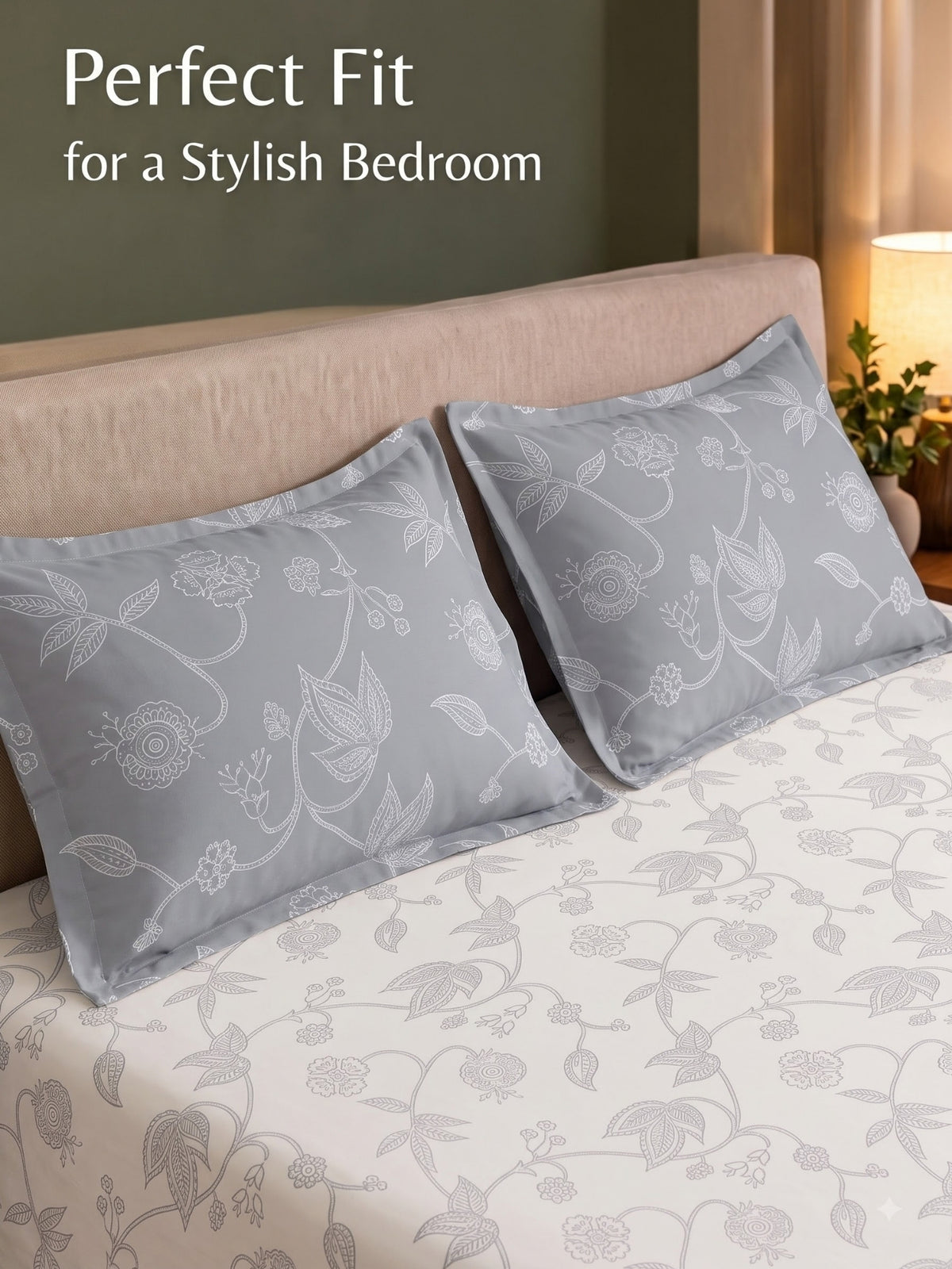 Premium 100% Cotton Satin King Size Bedsheet – 210 TC, 108 x 108 Inch| White & Iron grey