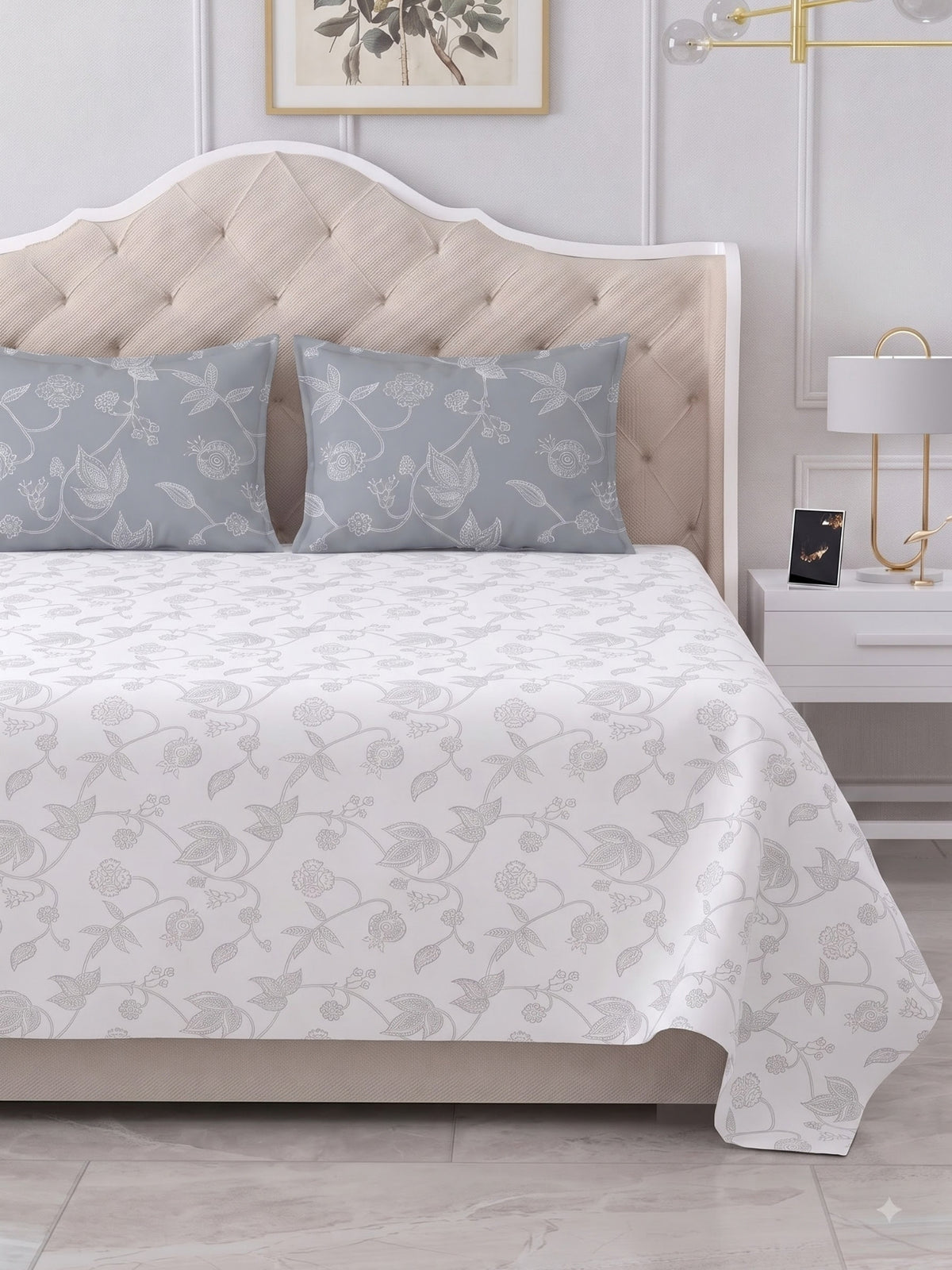 Premium 100% Cotton Satin King Size Bedsheet – 210 TC, 108 x 108 Inch| White & Iron grey