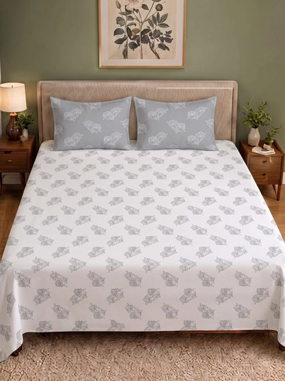 Premium 100% Cotton Satin King Size Bedsheet – 210 TC, 108 x 108 Inch| White & Grey