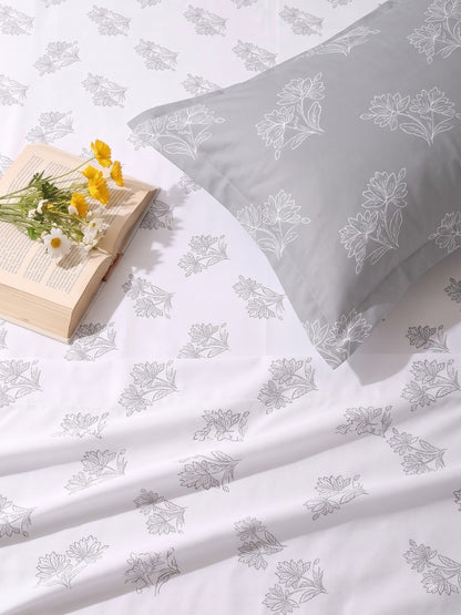 Premium 100% Cotton Satin King Size Bedsheet – 210 TC, 108 x 108 Inch| White & Grey