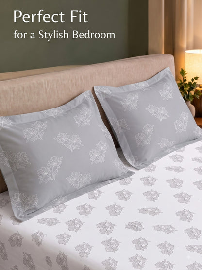 Premium 100% Cotton Satin King Size Bedsheet – 210 TC, 108 x 108 Inch| White & Grey