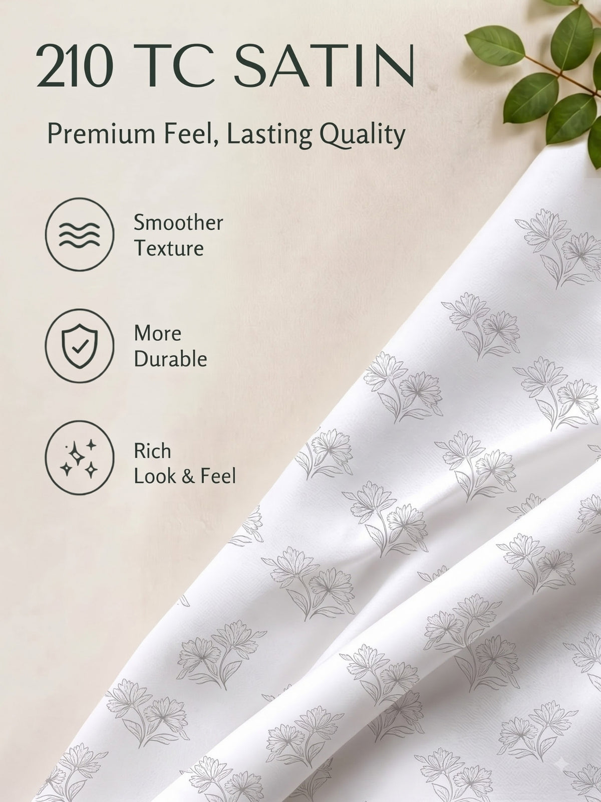 Premium 100% Cotton Satin King Size Bedsheet – 210 TC, 108 x 108 Inch| White & Grey