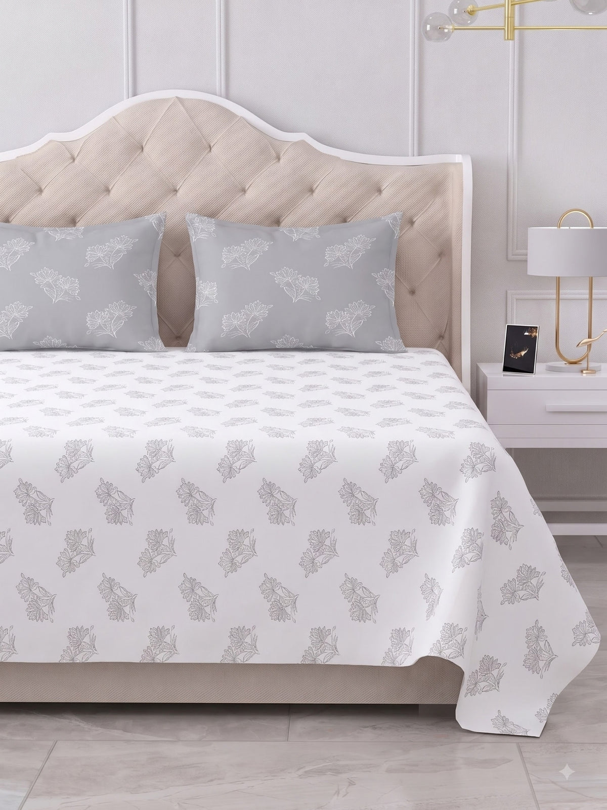 Premium 100% Cotton Satin King Size Bedsheet – 210 TC, 108 x 108 Inch| White & Grey