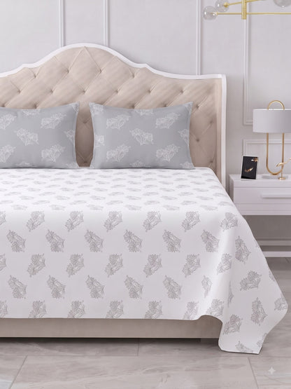 Premium 100% Cotton Satin King Size Bedsheet – 210 TC, 108 x 108 Inch| White & Grey