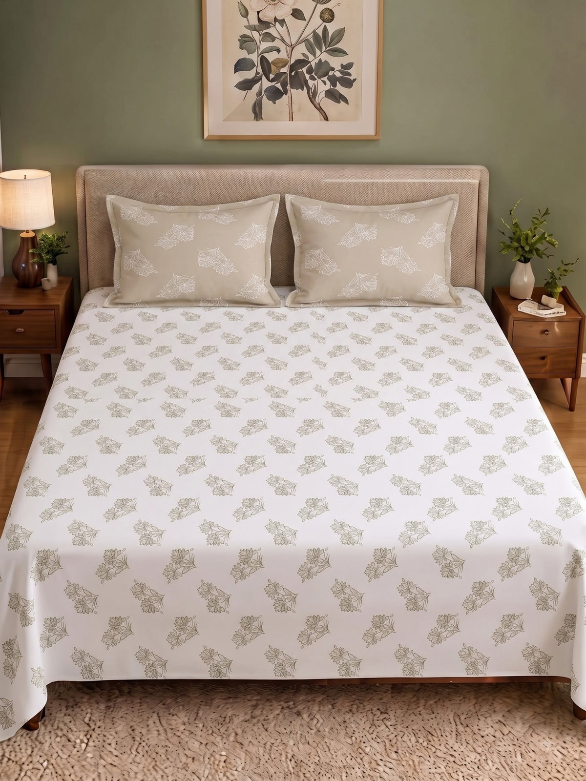 Premium 100% Cotton Satin King Size Bedsheet – 210 TC, 108 x 108 Inch| White & Beige