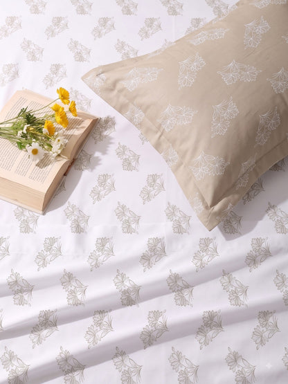 Premium 100% Cotton Satin King Size Bedsheet – 210 TC, 108 x 108 Inch| White & Beige