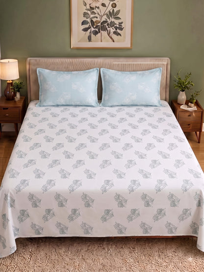 Premium 100% Cotton Satin King Size Bedsheet – 210 TC, 108 x 108 Inch| White & Light Blue