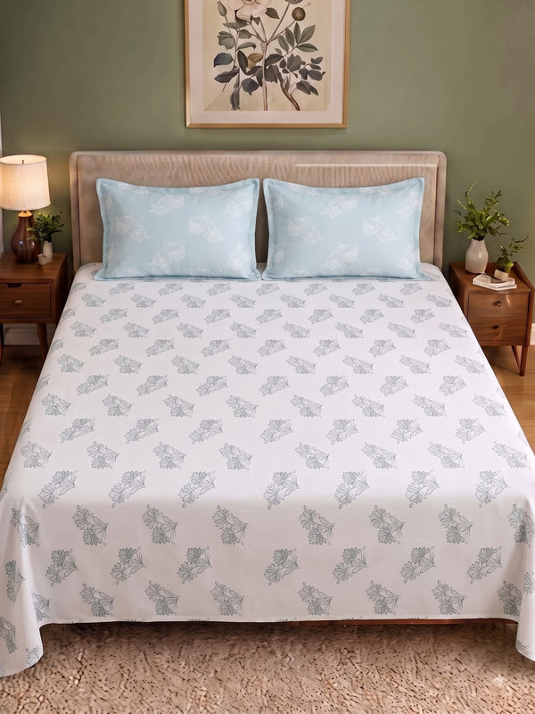 Premium 100% Cotton Satin King Size Bedsheet – 210 TC, 108 x 108 Inch| White & Light Blue