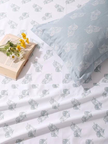 Premium 100% Cotton Satin King Size Bedsheet – 210 TC, 108 x 108 Inch| White & Light Blue