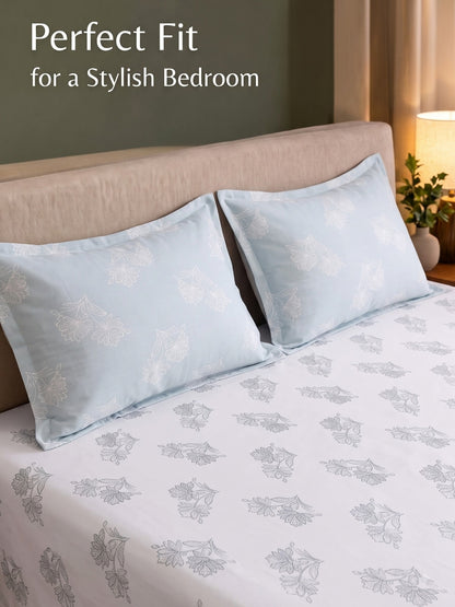 Premium 100% Cotton Satin King Size Bedsheet – 210 TC, 108 x 108 Inch| White & Light Blue