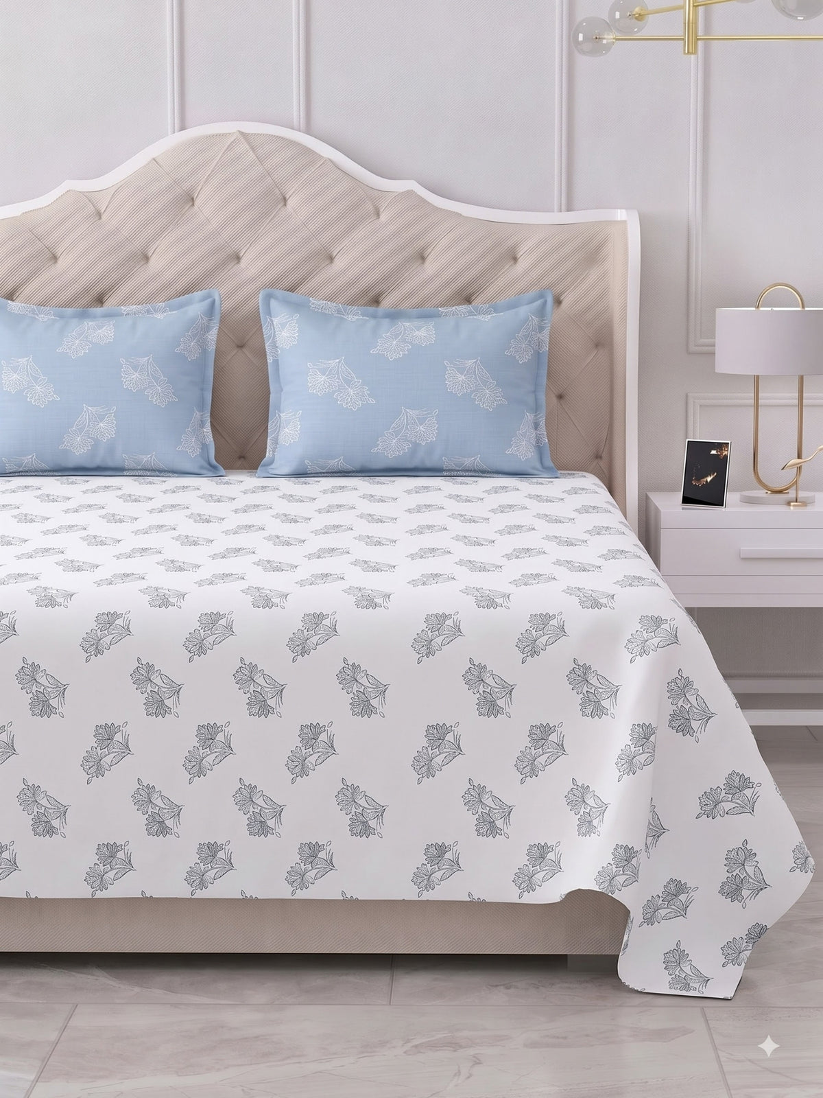 Premium 100% Cotton Satin King Size Bedsheet – 210 TC, 108 x 108 Inch| White & Light Blue