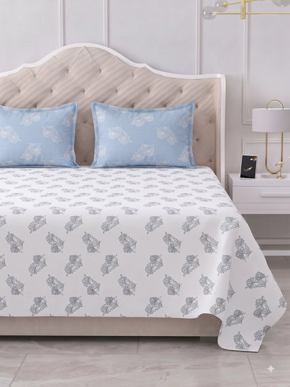 Premium 100% Cotton Satin King Size Bedsheet – 210 TC, 108 x 108 Inch| White & Light Blue