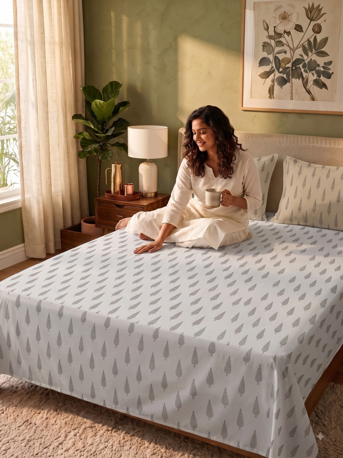 Premium 100% Cotton Satin King Size Bedsheet – 210 TC, 108 x 108 Inch| Light Grey & Brown