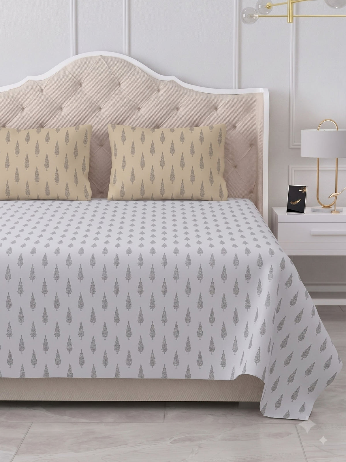 Premium 100% Cotton Satin King Size Bedsheet – 210 TC, 108 x 108 Inch| Light Grey & Brown