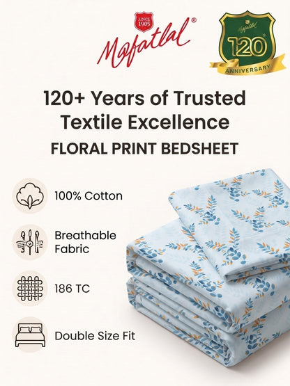 186 TC 100% Cotton Double Bedsheet 90 x 100 Inch with 2 Pillow Cover