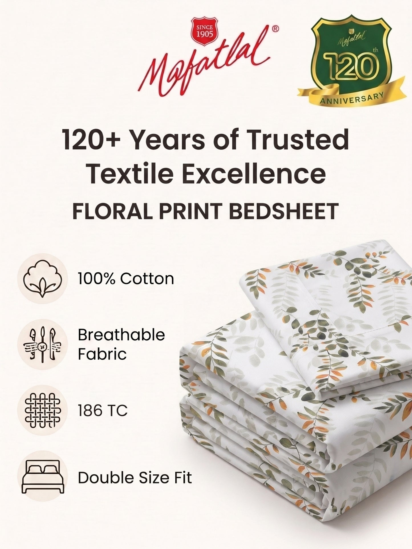 186 TC 100% Cotton Double Bedsheet 90 x 100 Inch with 2 Pillow Cover