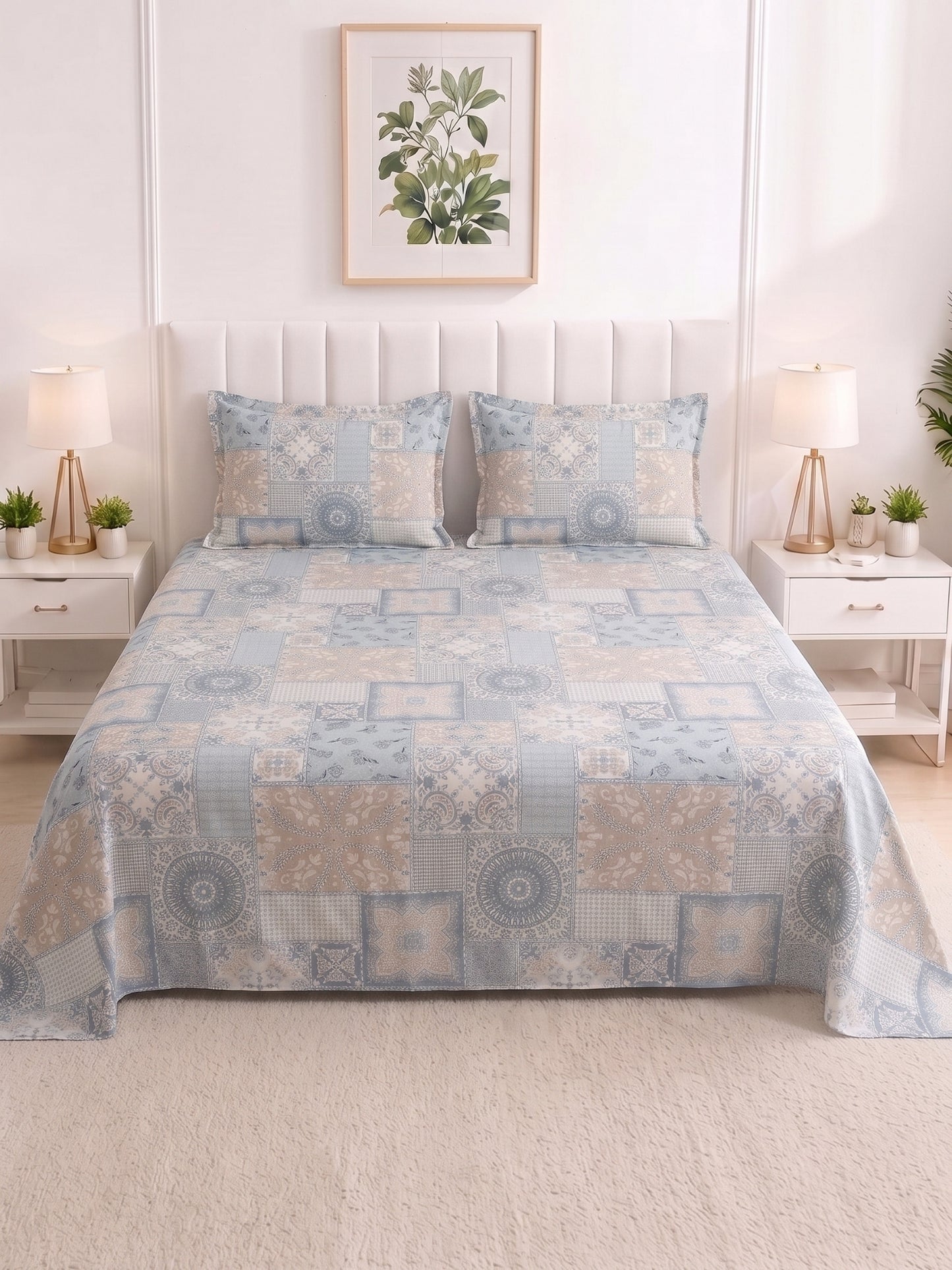 186 TC 100% Cotton Double Bedsheet 90 x 100 Inch with 2 Pillow Cover