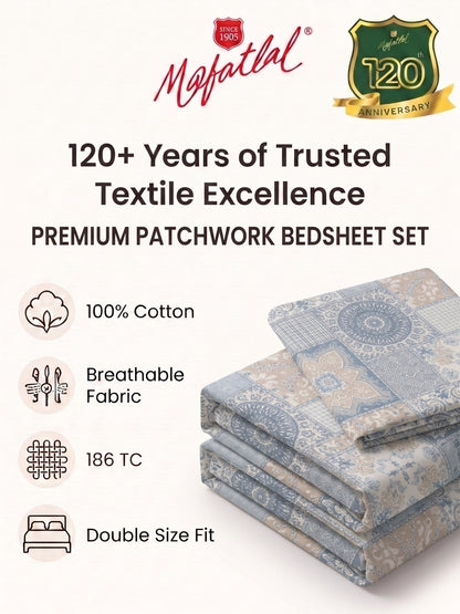 186 TC 100% Cotton Double Bedsheet 90 x 100 Inch with 2 Pillow Cover