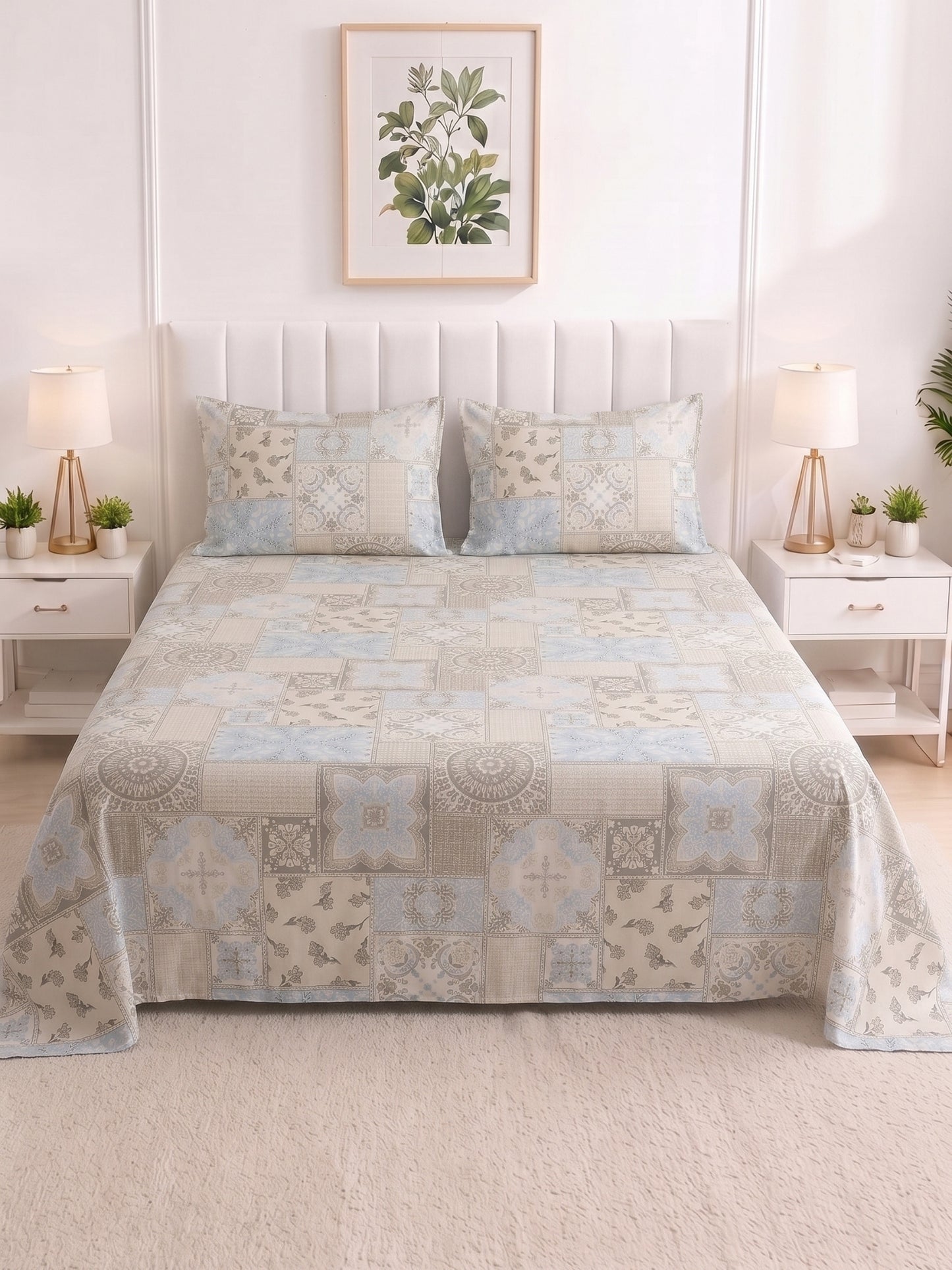 186 TC 100% Cotton Double Bedsheet 90 x 100 Inch with 2 Pillow Cover