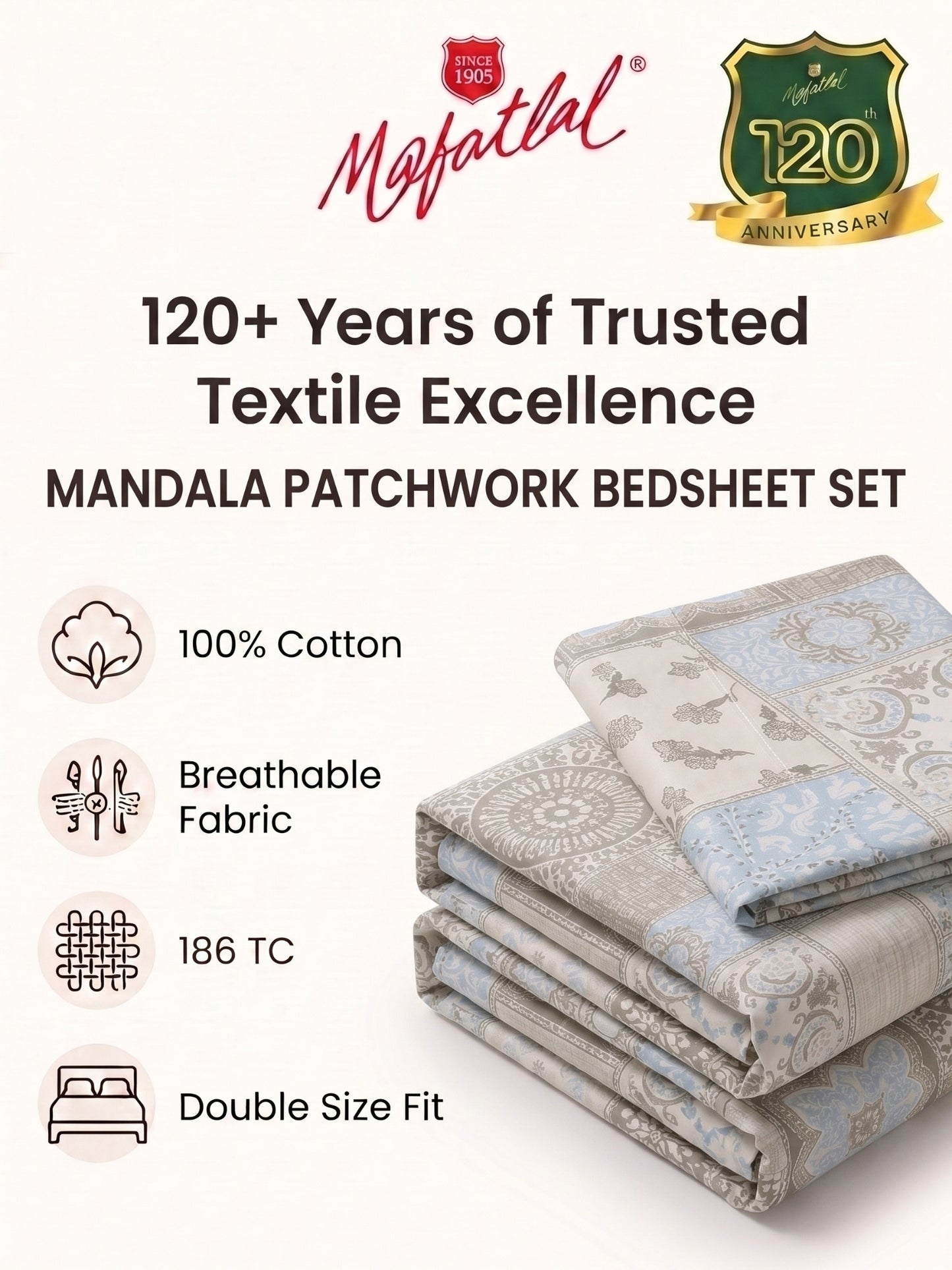 186 TC 100% Cotton Double Bedsheet 90 x 100 Inch with 2 Pillow Cover
