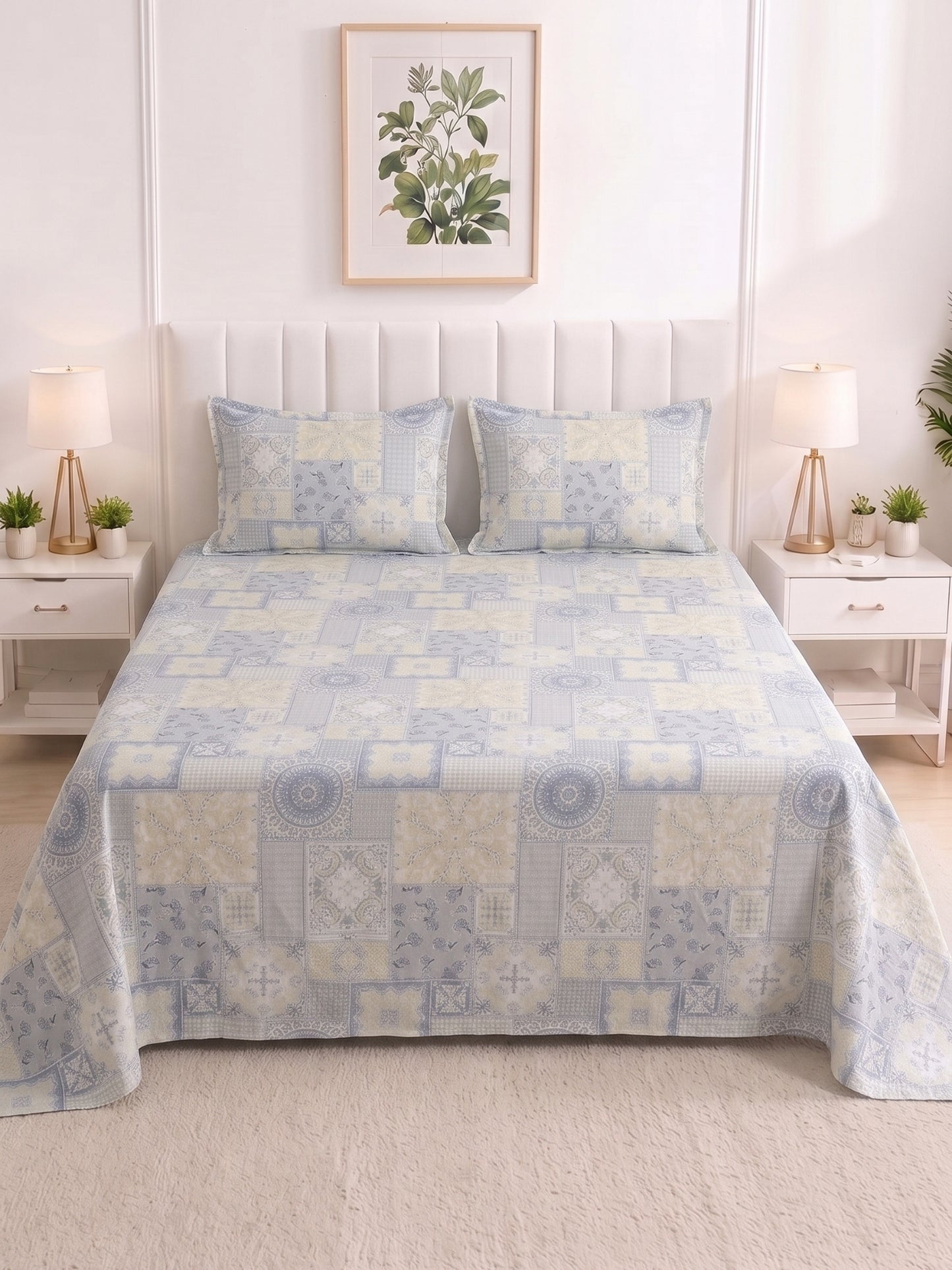 186 TC 100% Cotton Double Bedsheet 90 x 100 Inch with 2 Pillow Cover
