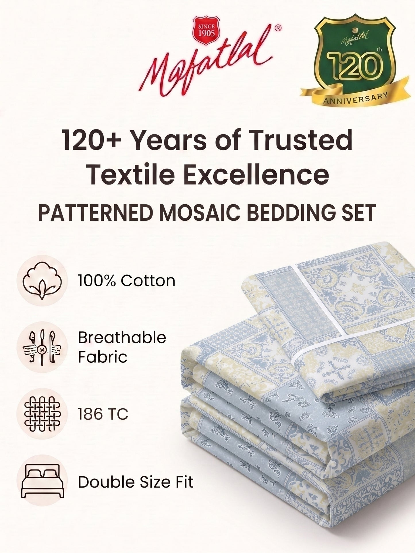 186 TC 100% Cotton Double Bedsheet 90 x 100 Inch with 2 Pillow Cover