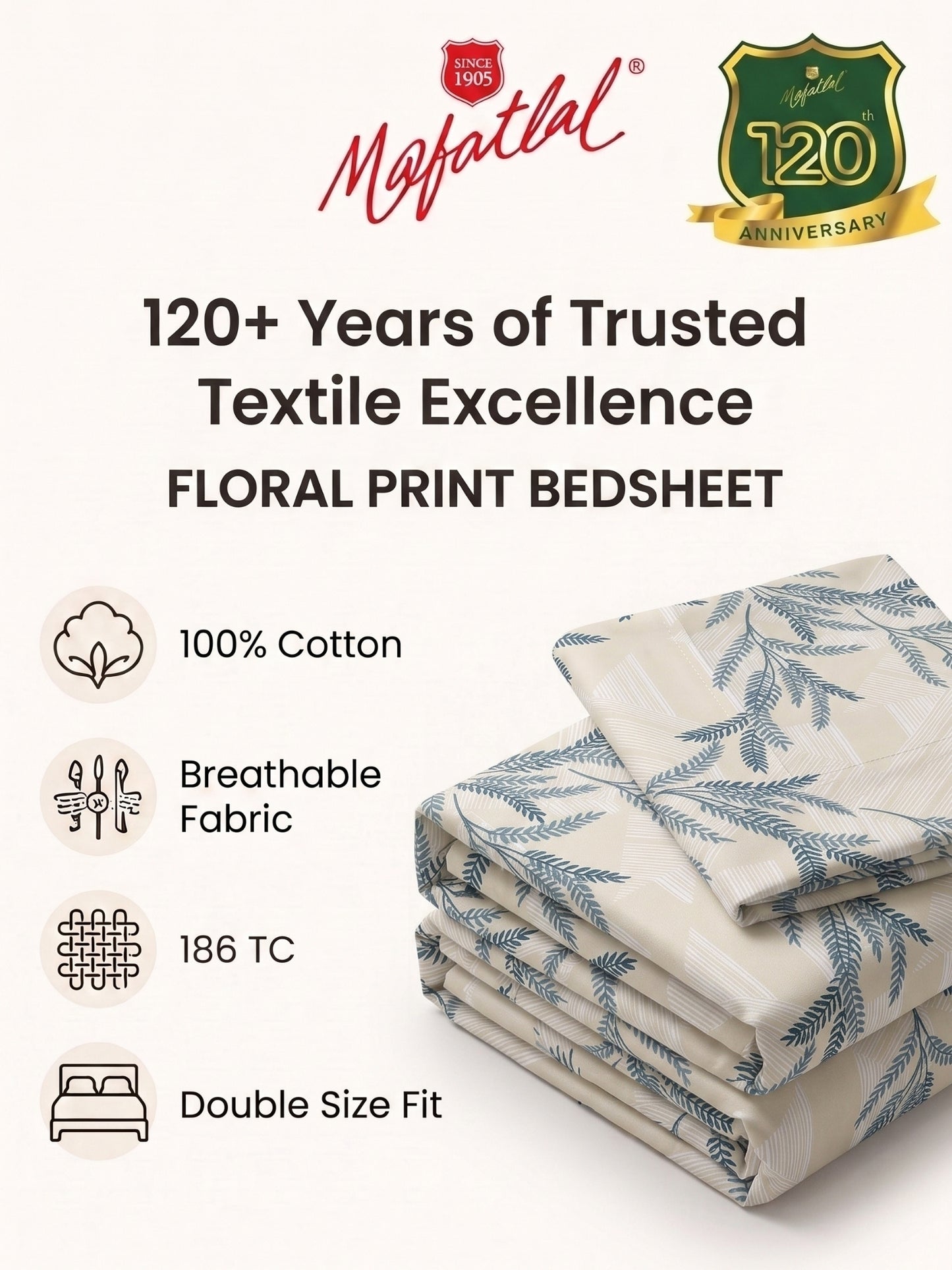 186 TC 100% Cotton Double Bedsheet 90 x 100 Inch with 2 Pillow Cover