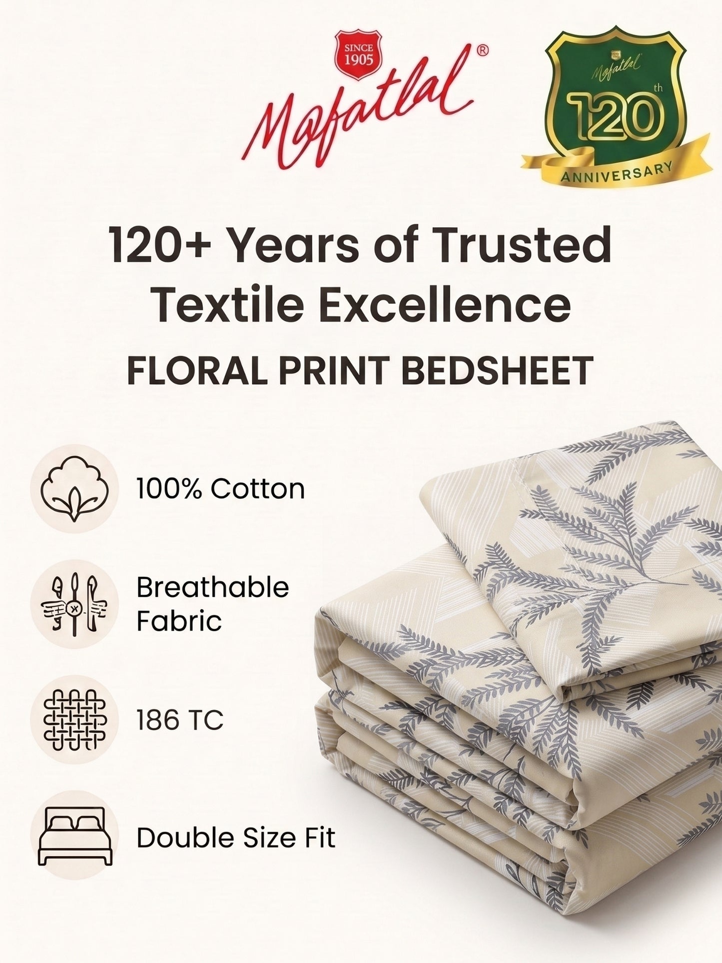 186 TC 100% Cotton Double Bedsheet 90 x 100 Inch with 2 Pillow Cover
