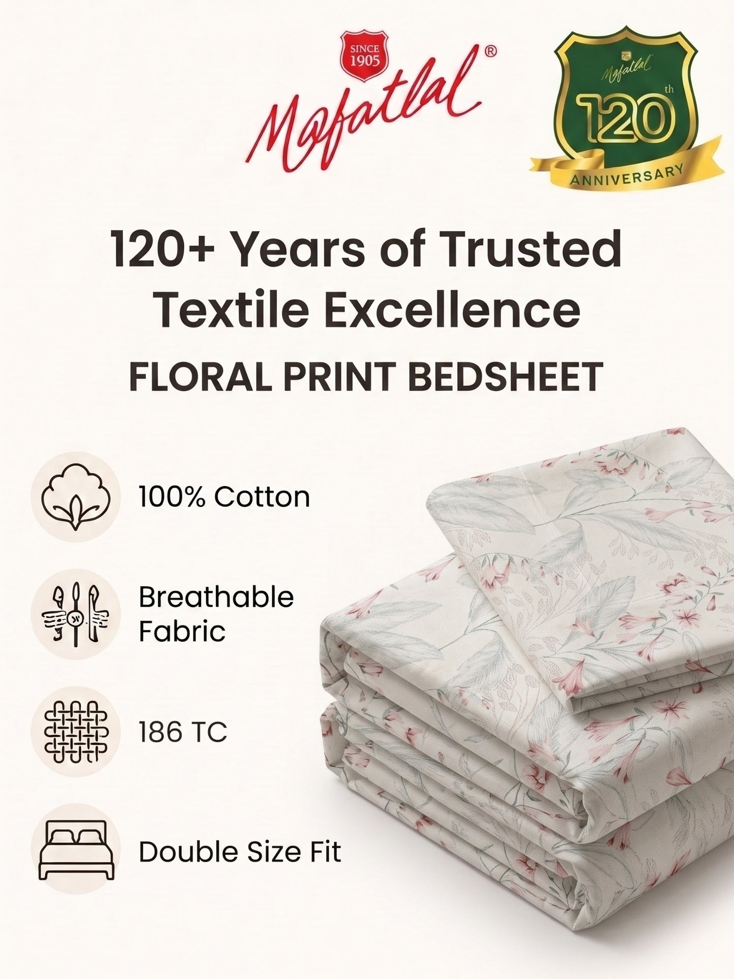 186 TC 100% Cotton Double Bedsheet 90 x 100 Inch with 2 Pillow Cover