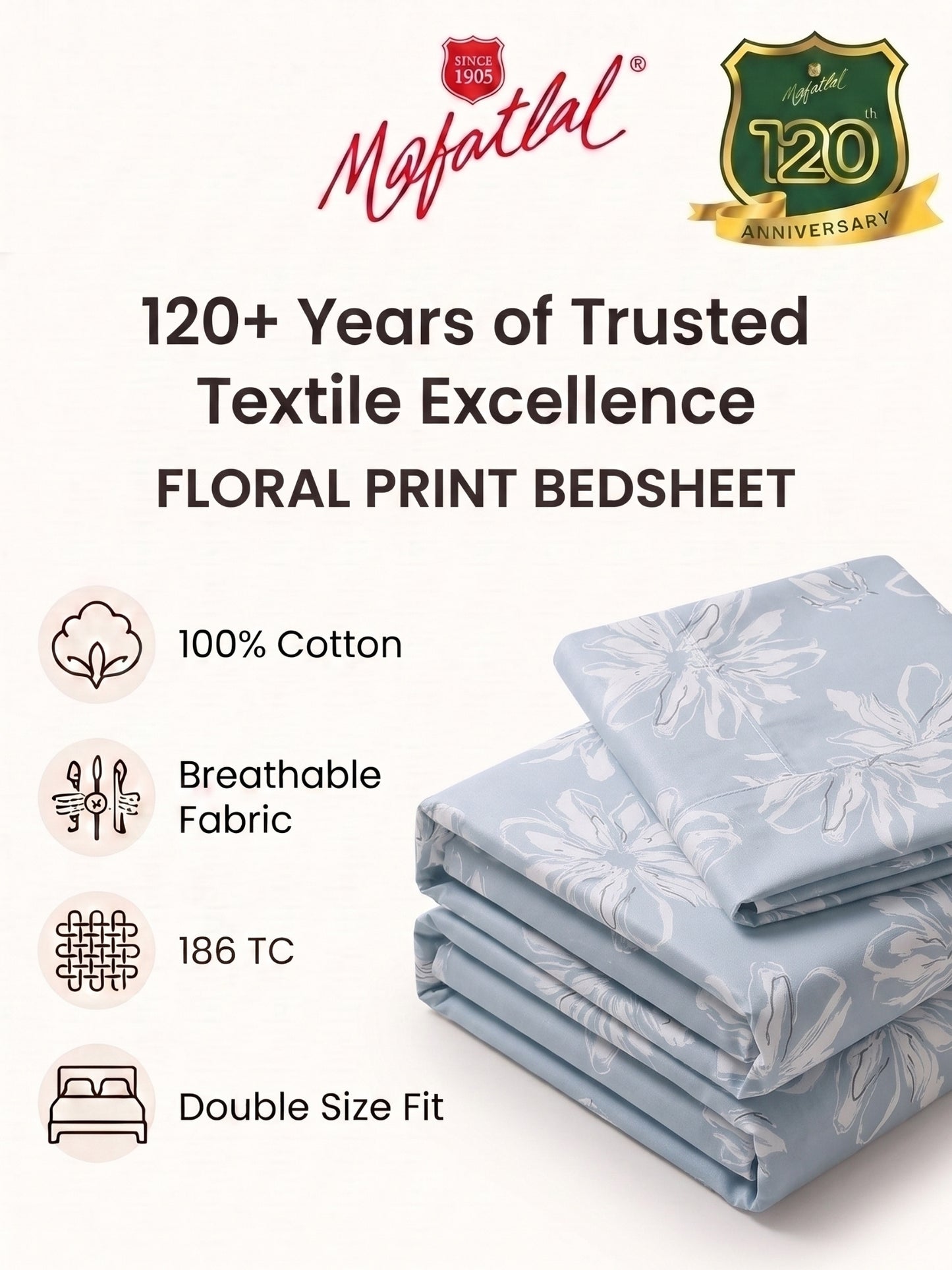 186 TC 100% Cotton Double Bedsheet 90 x 100 Inch with 2 Pillow Covers
