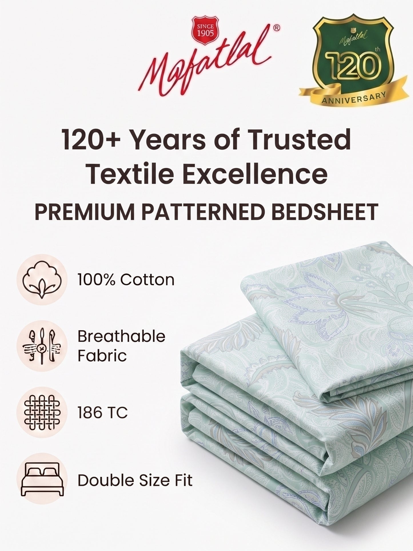 186 TC 100% Cotton Double Bedsheet 90 x 100 Inch with 2 Pillow Cover