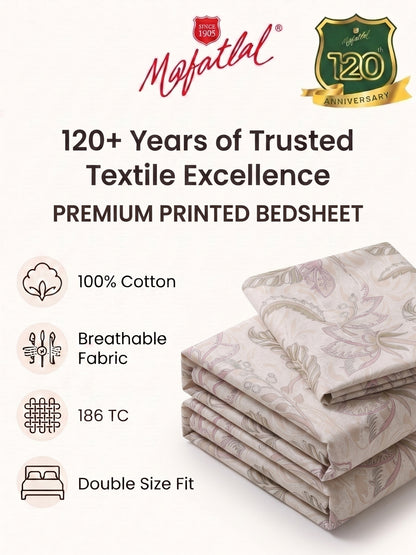 186 TC 100% Cotton Double Bedsheet 90 x 100 Inch with 2 Pillow Cover