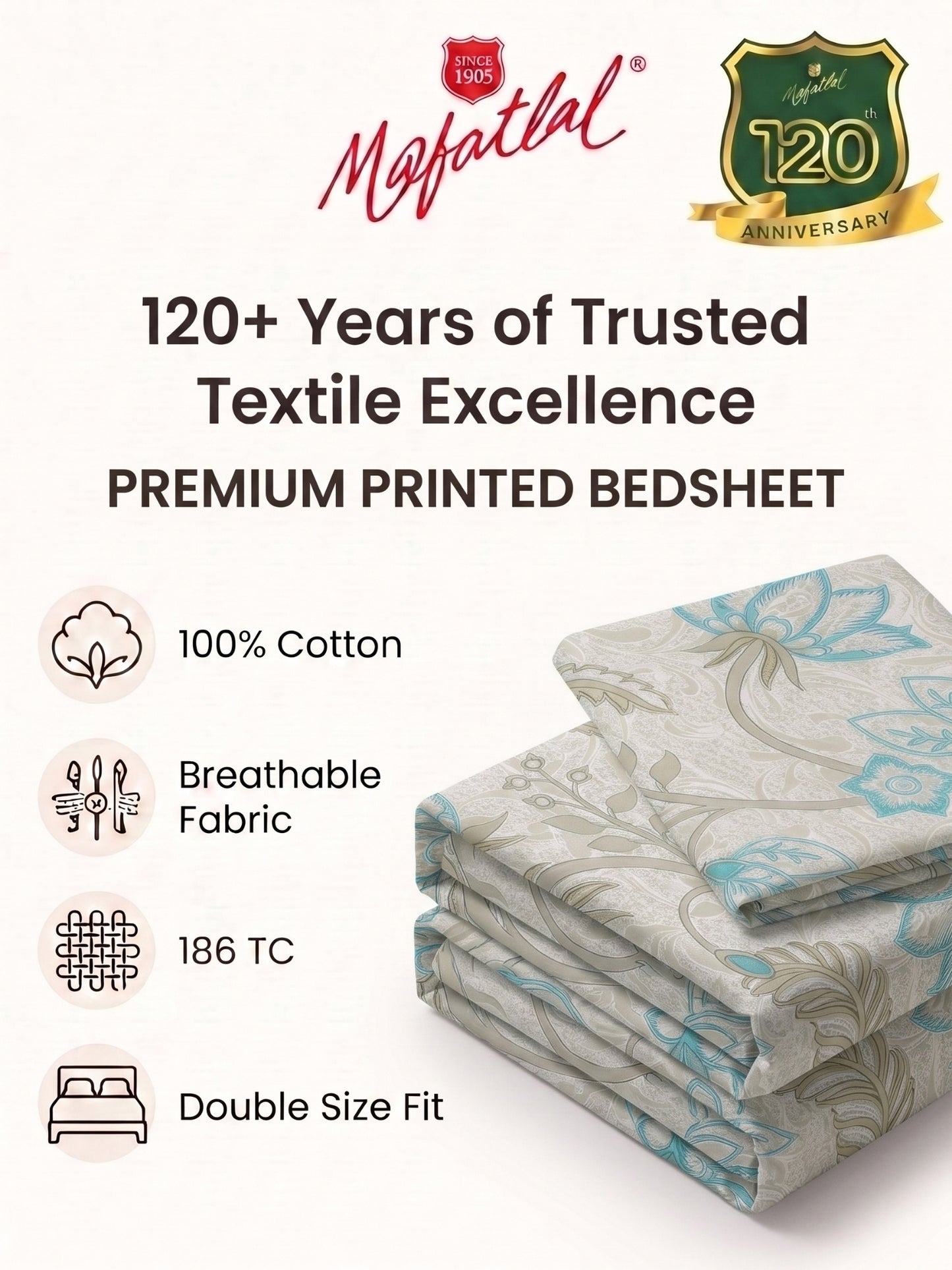 186 TC 100% Cotton Double Bedsheet 90 x 100 Inch with 2 Pillow Cover