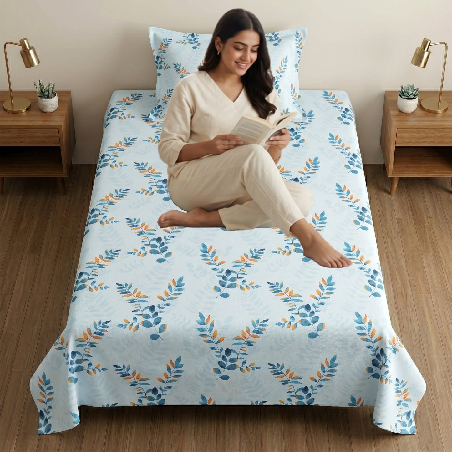 186 TC 100% Cotton Single Bedsheet 90 x 60 Inch with 1 Pillow Cover