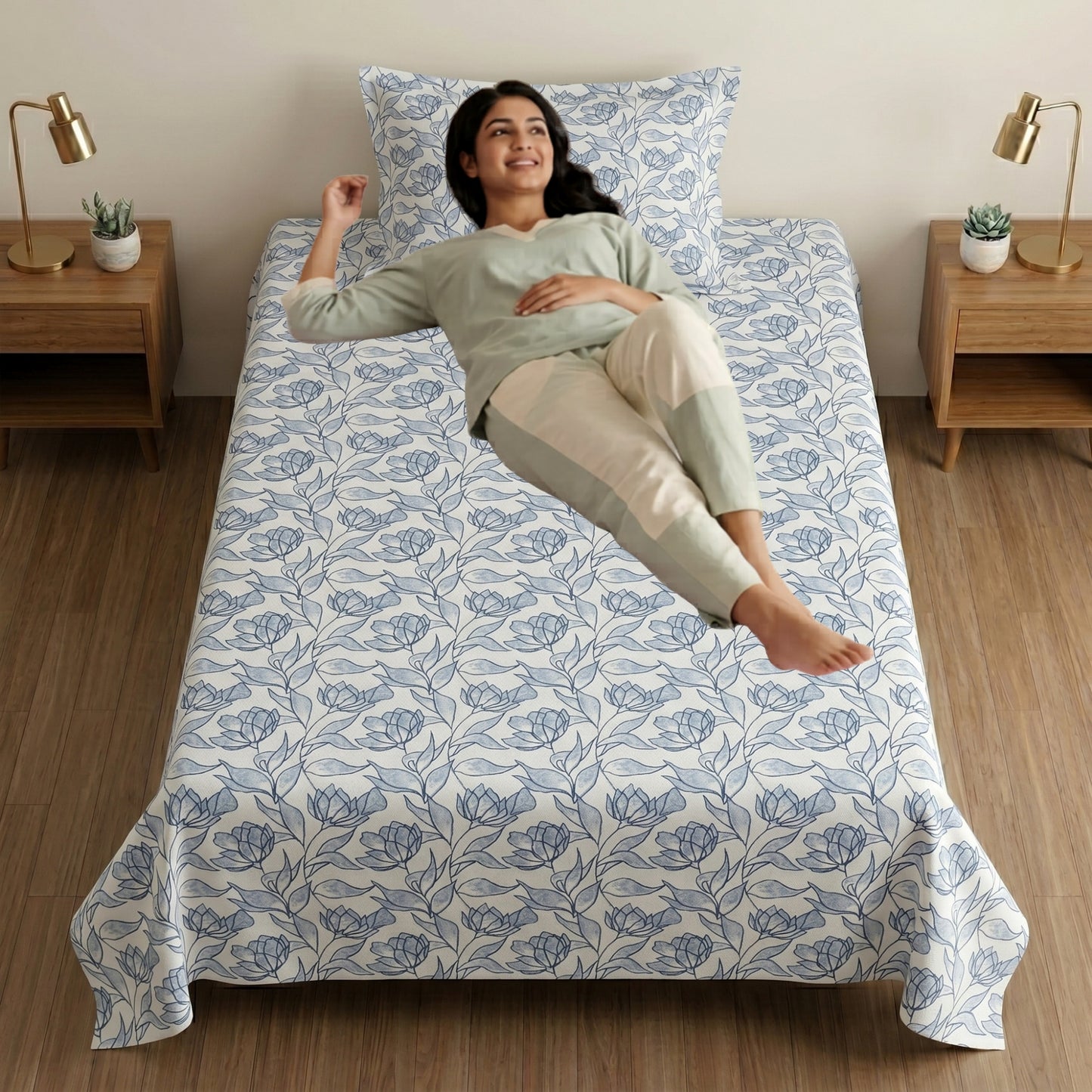 186 TC 100% Cotton Single Bedsheet 90 x 60 Inch with 1 Pillow Cover