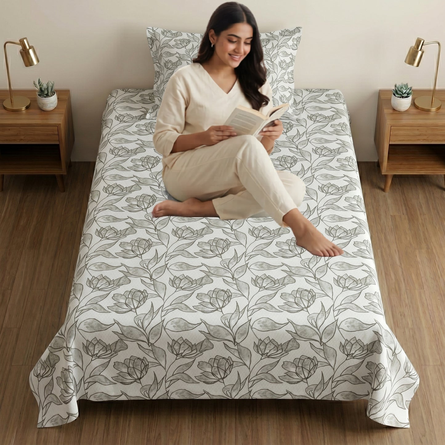 186 TC 100% Cotton Single Bedsheet 90 x 60 Inch with 1 Pillow Cover