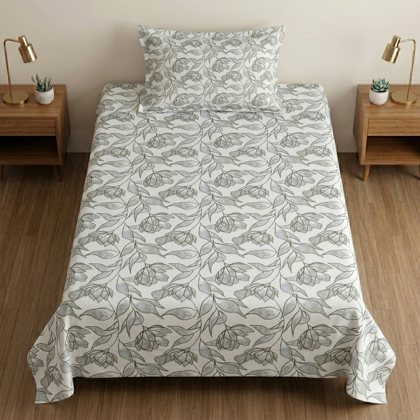 186 TC 100% Cotton Single Bedsheet 90 x 60 Inch with 1 Pillow Cover