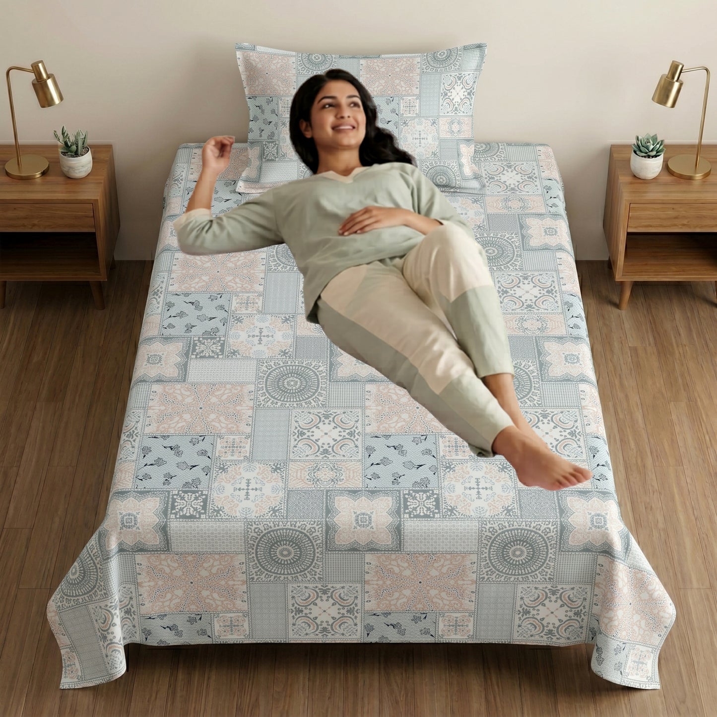 186 TC 100% Cotton Single Bedsheet 90 x 60 Inch with 1 Pillow Cover