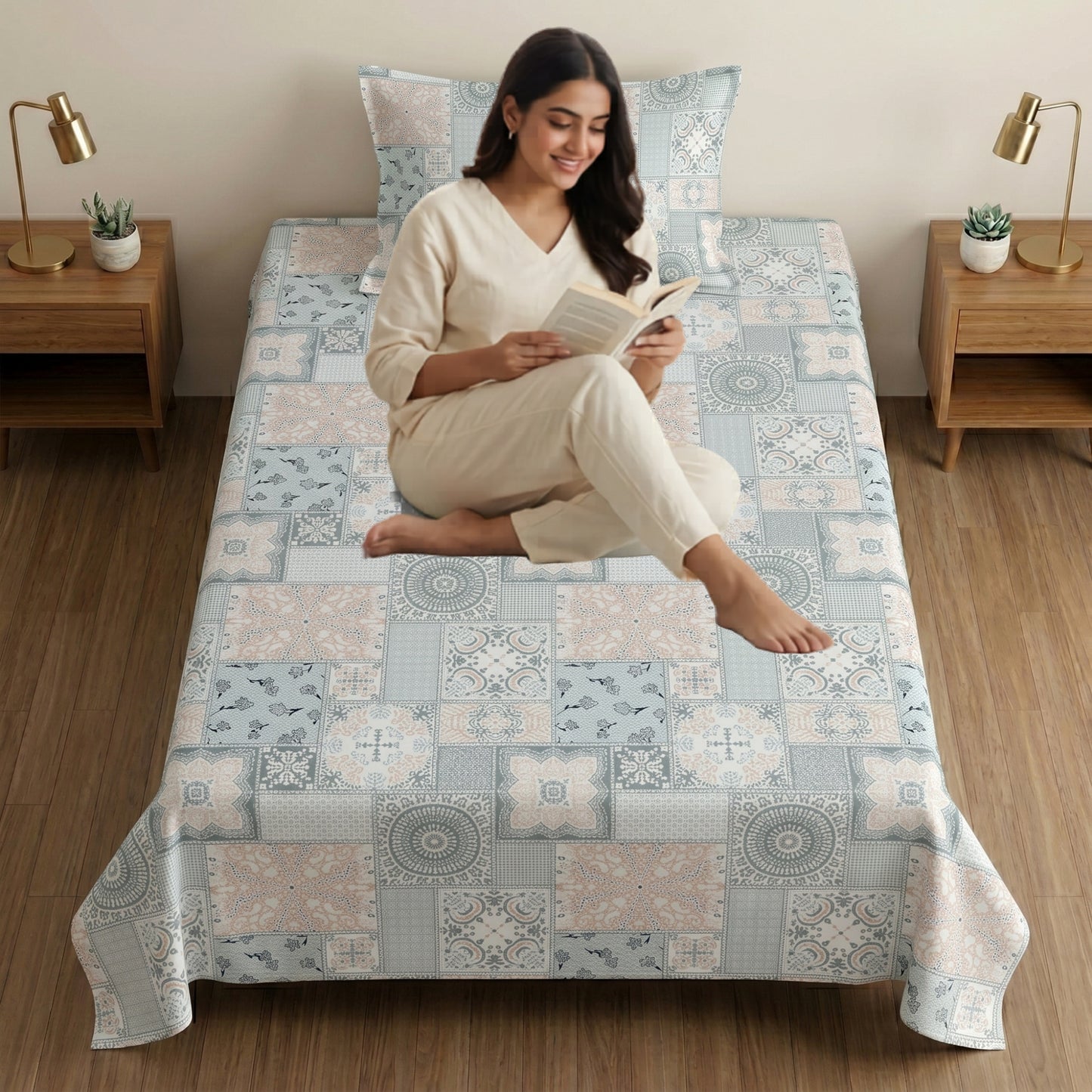 186 TC 100% Cotton Single Bedsheet 90 x 60 Inch with 1 Pillow Cover