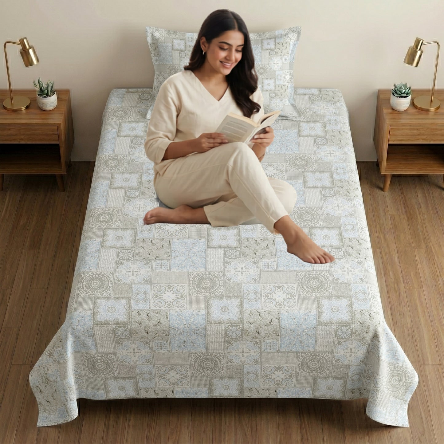 186 TC 100% Cotton Single Bedsheet 90 x 60 Inch with 1 Pillow Cover