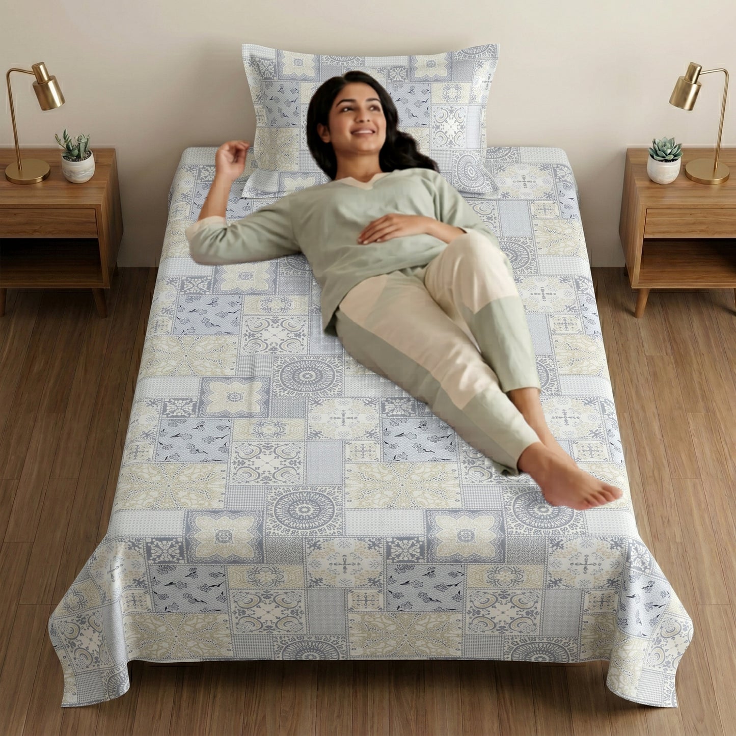 186 TC 100% Cotton Single Bedsheet 90 x 60 Inch with 1 Pillow Cover