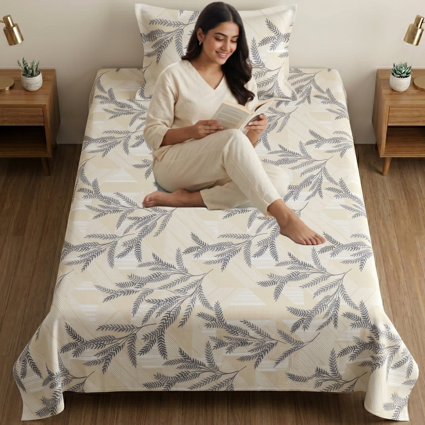 186 TC 100% Cotton Single Bedsheet 90 x 60 Inch with 1 Pillow Cover