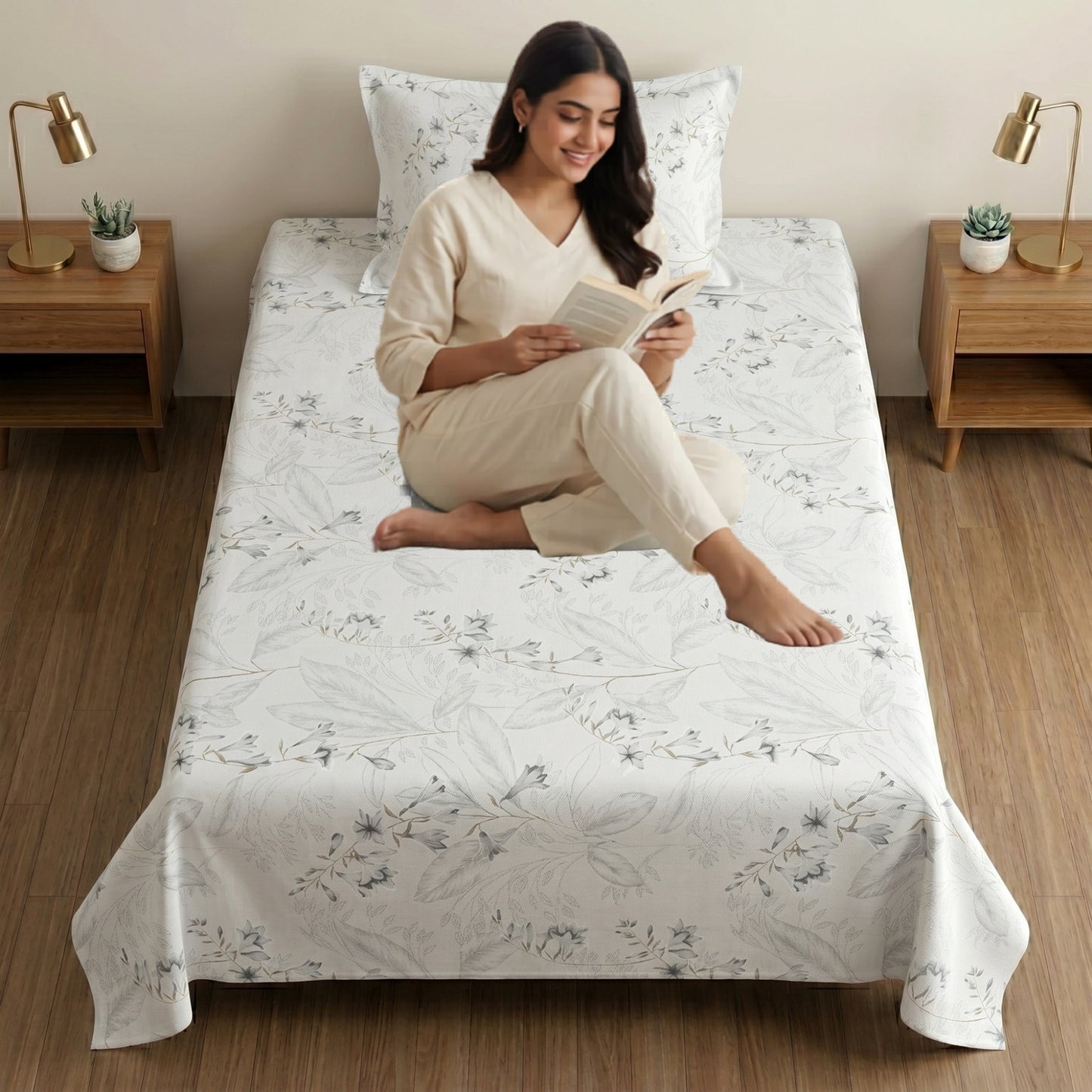 186 TC 100% Cotton Single Bedsheet 90 x 60 Inch with 1 Pillow Cover