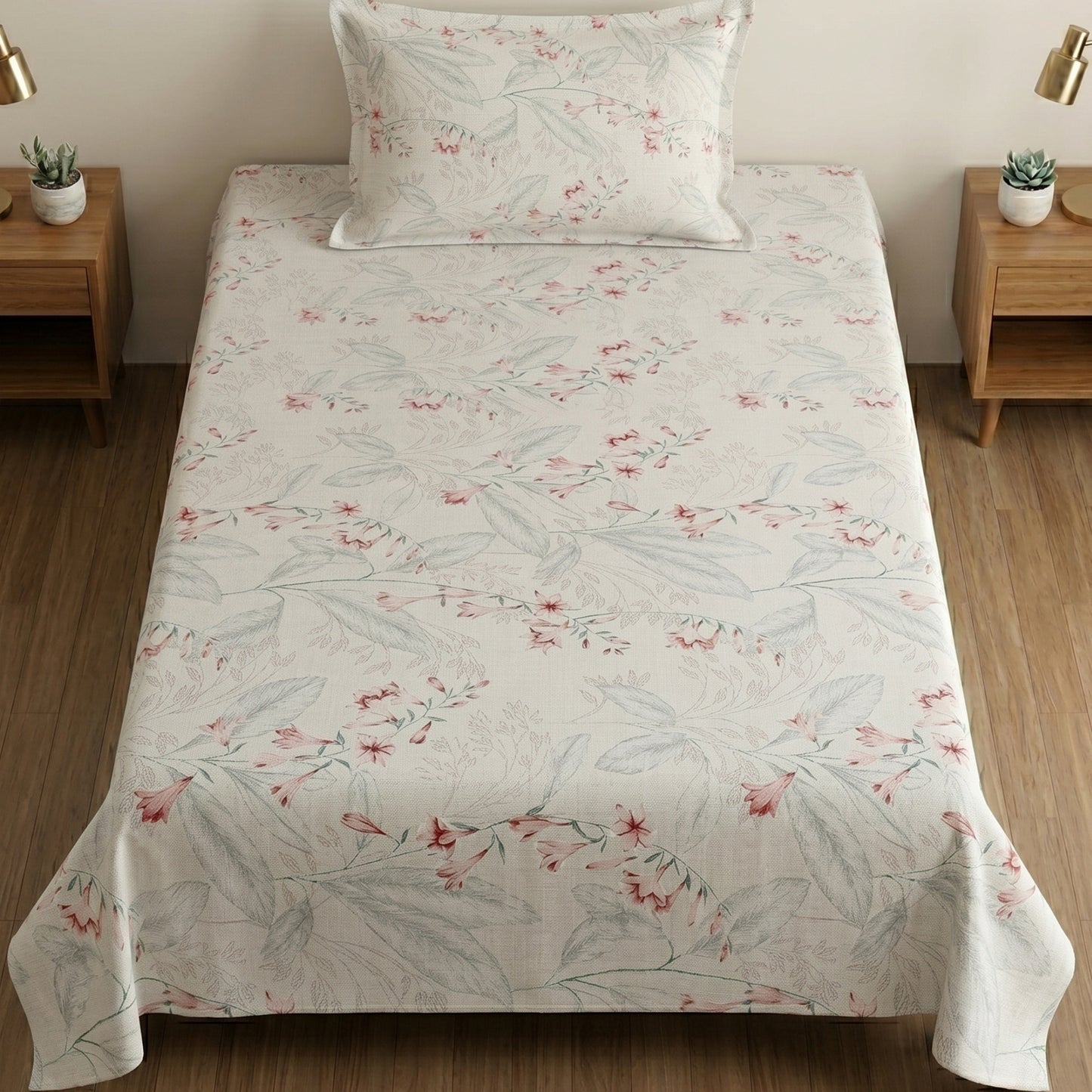 186 TC 100% Cotton Single Bedsheet 90 x 60 Inch with 1 Pillow Cover