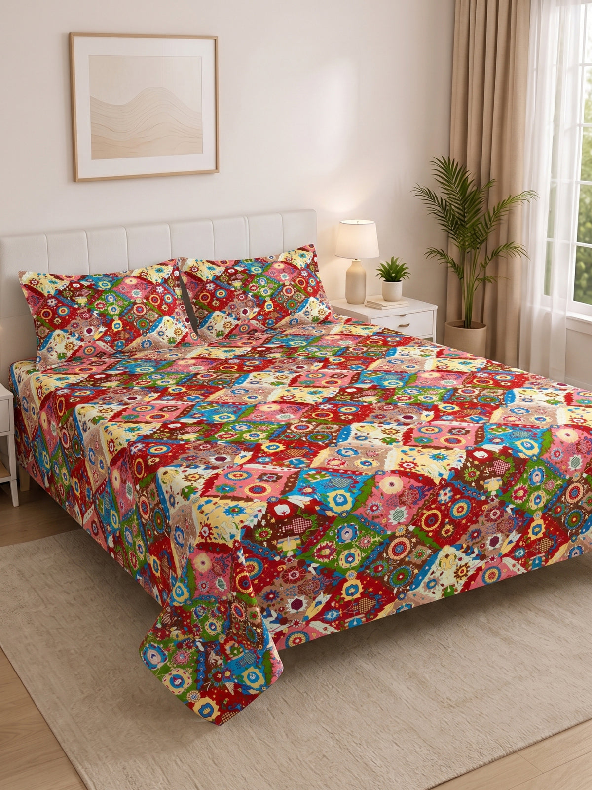 130 GSM Pearl Double Bed Linen Set with 2 Pillow Covers 90x100, Red Multi